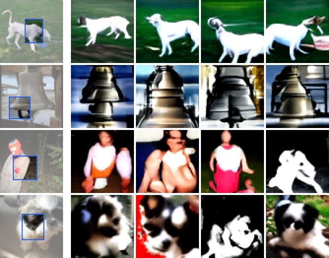 Four rows. Each starts with an image where only a small boxed crop is visible, followed by four generated images that contain the crop's content.