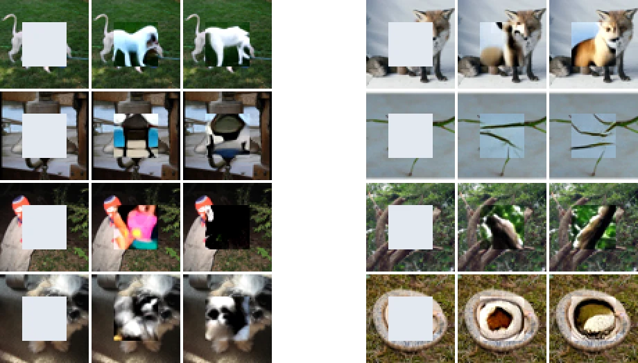 Eight examples in two blocks. Each shows an image with its centre hidden, then two filled-in versions.