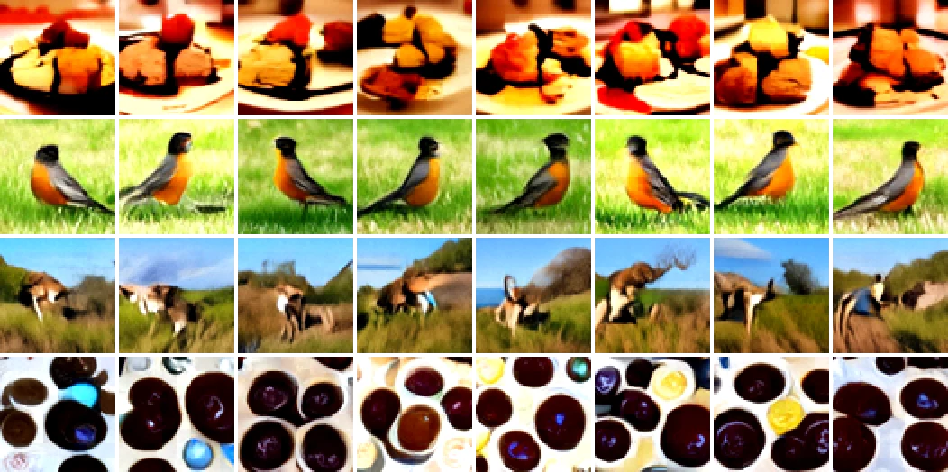 Four rows of eight generated images. Images in a row share content and differ in detail.