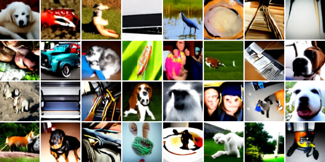 A grid of 32 small generated images of animals, objects and scenes.